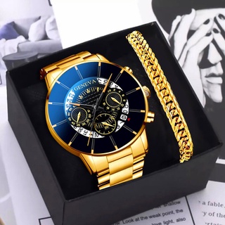 1Set Fashion Mens Watches with Gold Bracelet Business Stainless Steel Calendar Male Bracelet Quartz Wristwatch Gifts