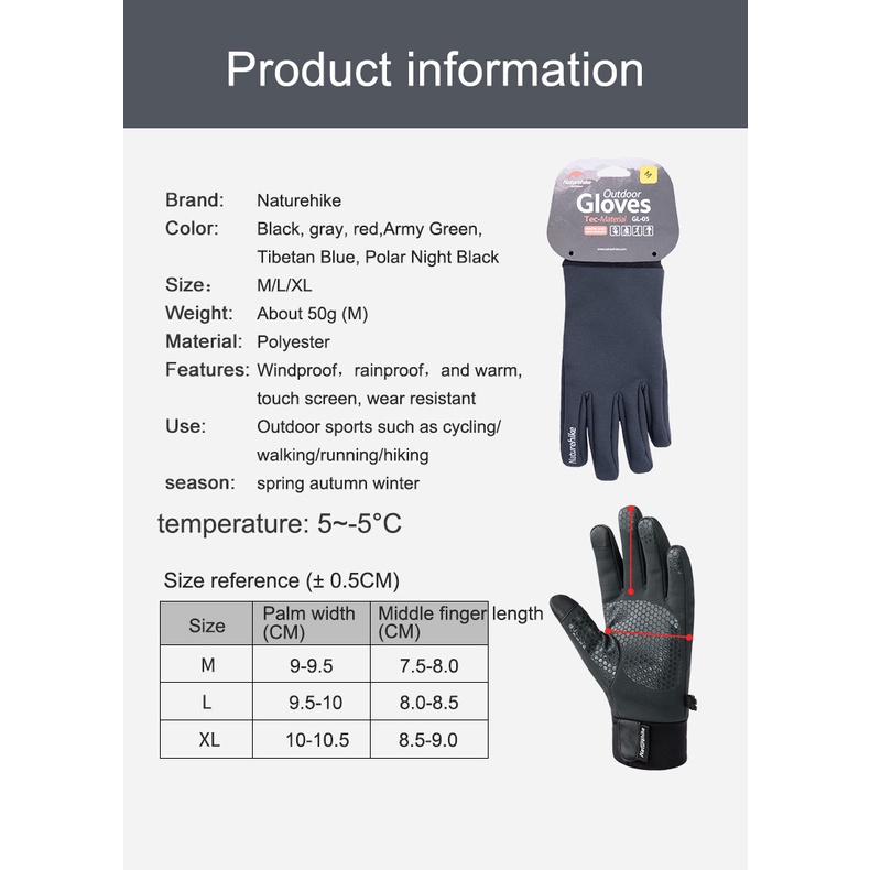 Naturehike Warm Insulated Winter Touchscreen Fleece Gloves Anti-Slip Windproof Cycling Gloves Camping Hiking  NH19S005-T — size chart