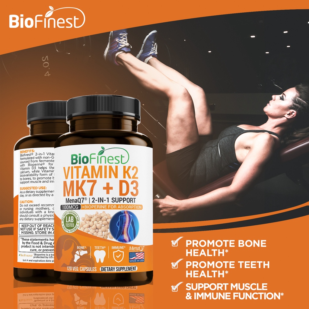 Biofinest Vitamin K2 Mk7 + D3 Supplement - Vitamin D K Complex Calcium ...