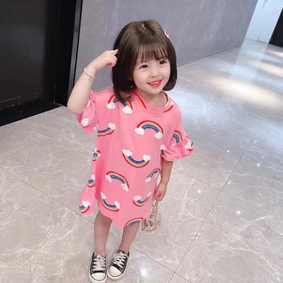 Cute Girls T-shirt Dress Summer Baby Girl Korean Version Rainbow Pattern Dress Children's Mid-length Dress #3