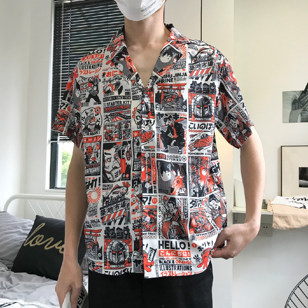 South Korean cartoon short sleeve shirt original Hawaiian style top beach t...