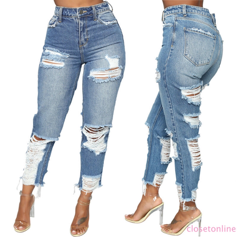 Women Ripped Jeans Straight Leg Denim High Waist Skinny Slim Casual Cl Shopee Singapore