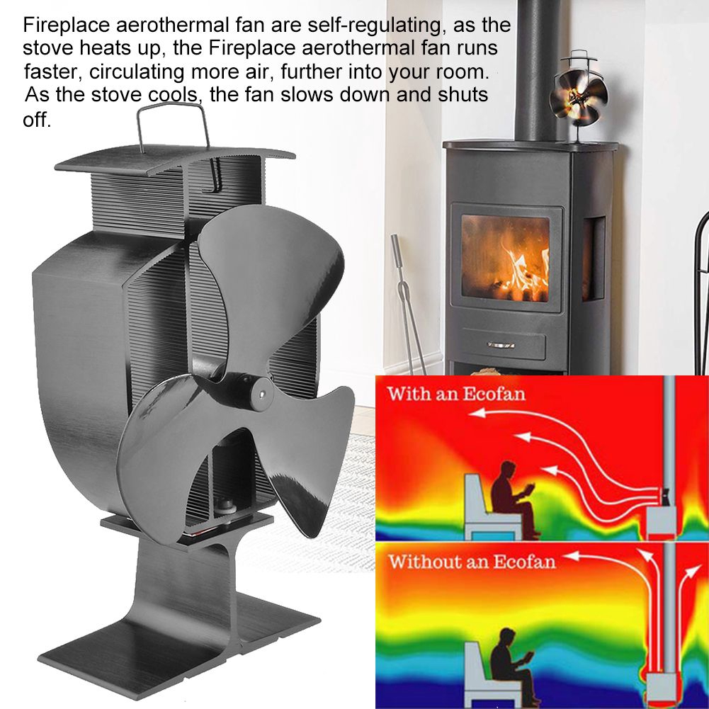 Fireplace Stove Fan 3 Blades Heat Thermal Powered Eco Black