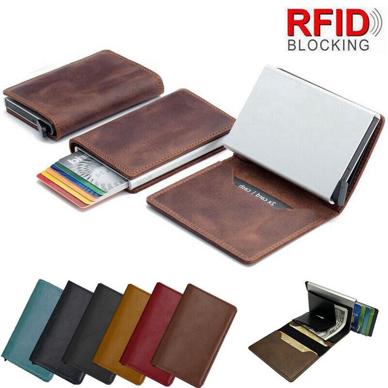 Slim Pop Up Credit Card Holder Pu Leather Anti Scan Metal Wallet Money Pocket - 