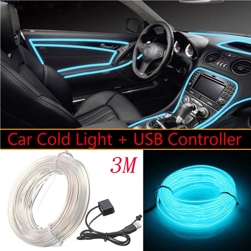 5v Usb Transparent Blue Led Light Glow El Wire String Strip Car Interior Decor