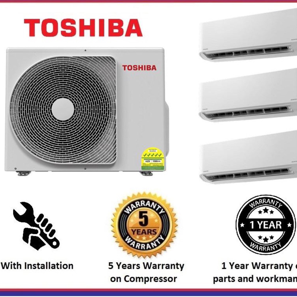 Toshiba YouMe 5 ticks System 3 Multi Split Air Conditioner Air Con Aircon for 2 bedroom & 1 master + REPLACEMENT Install