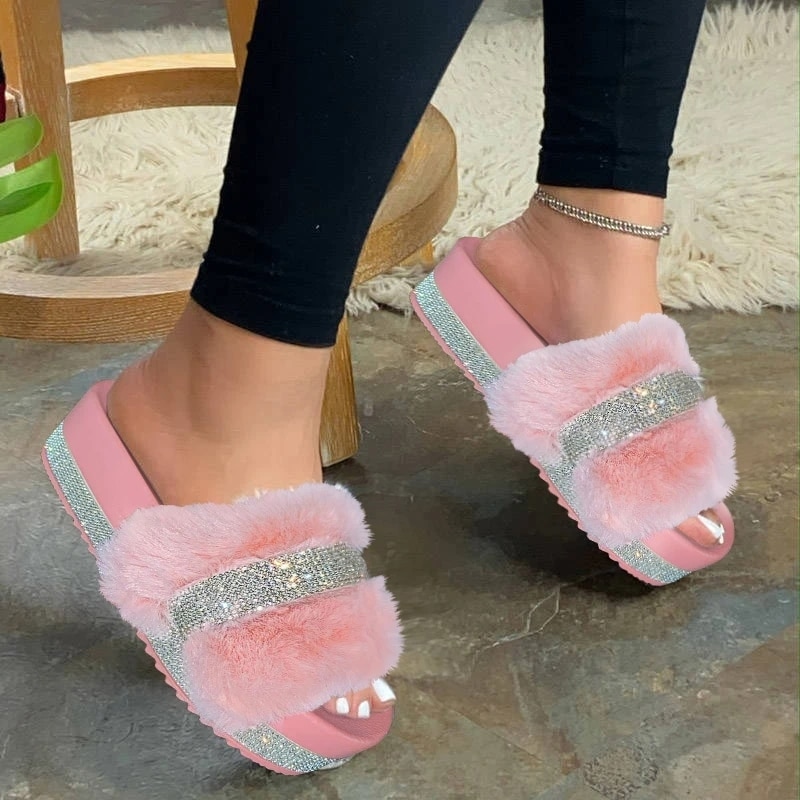 furry slip on sandals