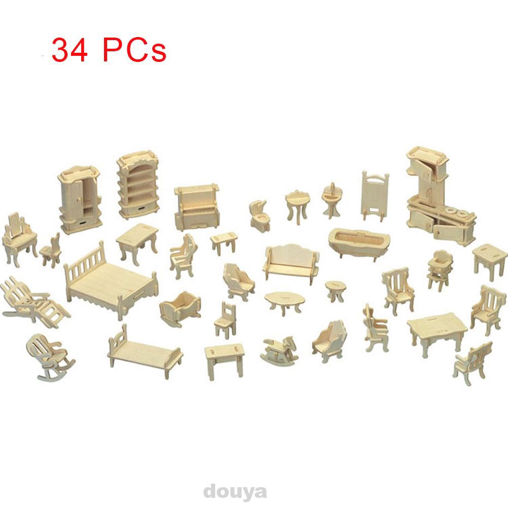 34 Pcs Mini 3d Wooden Puzzle Diy Miniature Dollhouse Furniture Models For Doll Toys Hobbies Wooden