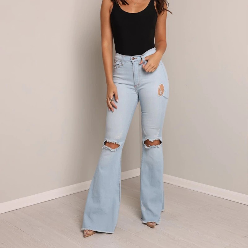 high waisted distressed bell bottom jeans