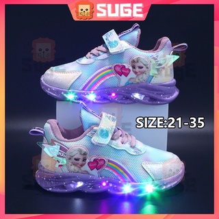 【Suge】Girl Sports Shoes Fashion LED Light Up Girl Shoes Frozen Elsa  Soft Bottom Breathable Non-slip Baby Student School Casual Sneakers