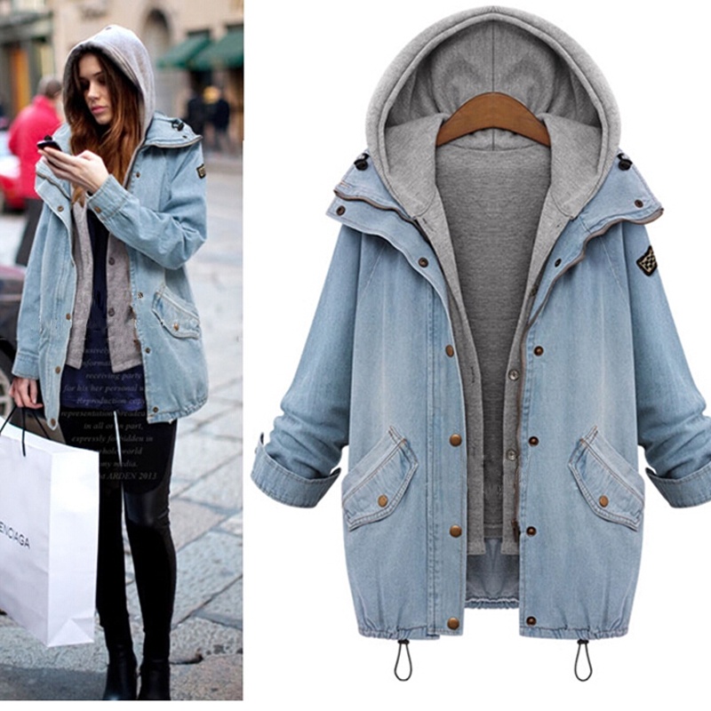 Image of Women and Girls Loose Large Size Two Piece Hooded Denim Jacket Light Blue #0