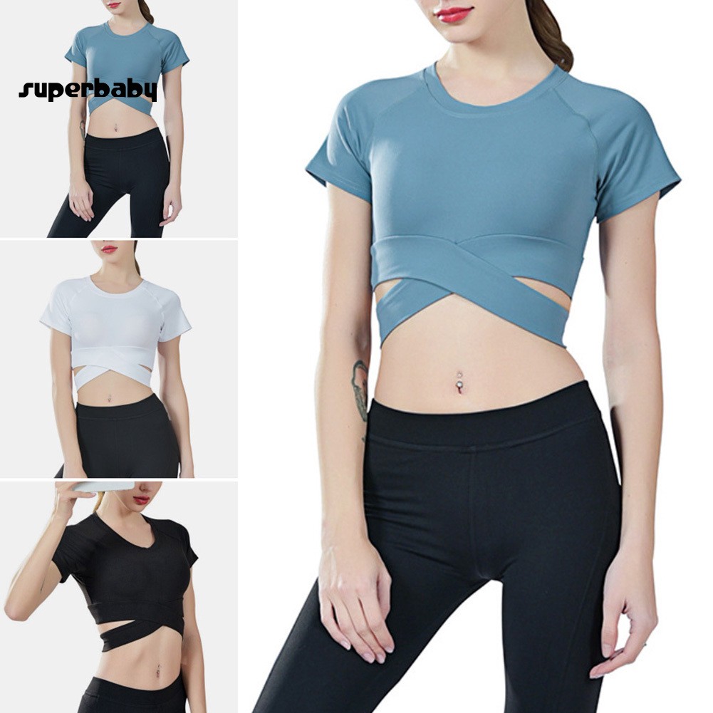 SBaby_Women Sexy Slim Solid Color Yoga Short T-Shirt Gym Workout Running Crop  Top | Shopee Singapore