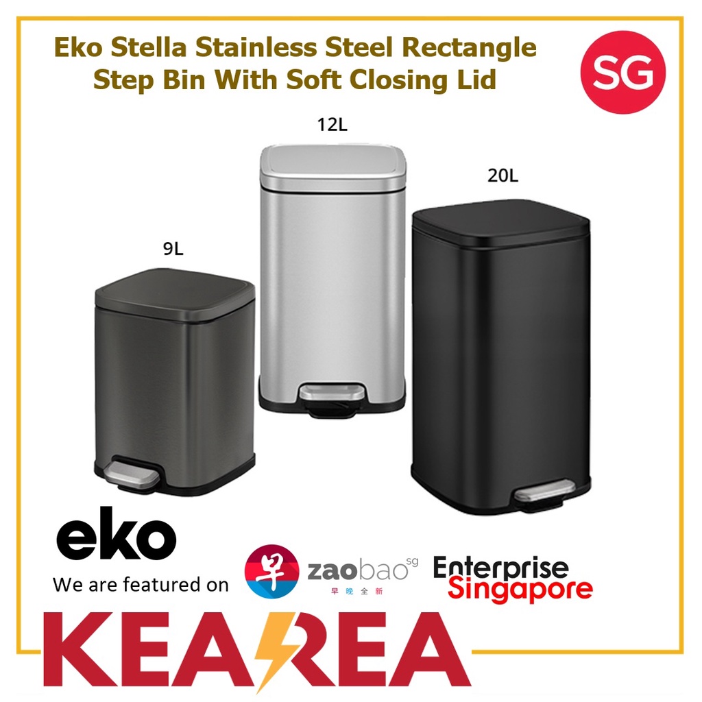 Eko Stella Stainless Steel Rectangle Step Bin With Soft Closing Lid 9L