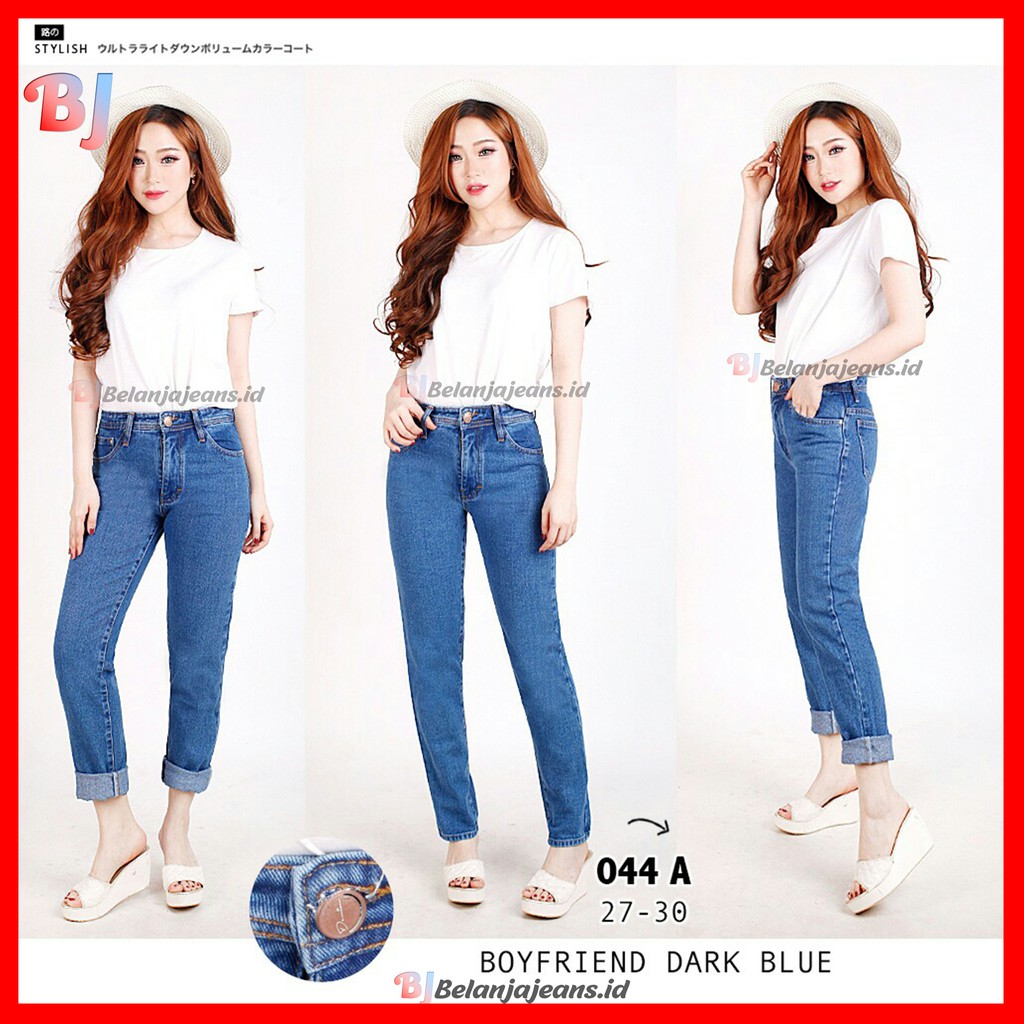 Boyfriend Jeans Pants Premium Blue Women High Waist Import Dark Blue Dark Blue Standard Model Shopee Singapore