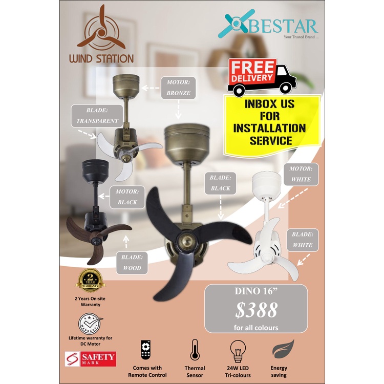 [FREE DELIVERY] BESTAR DINO 16" Designer Corner DC Ceiling fan with Remote Control Shopee