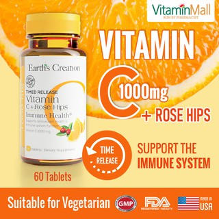 Image of Earth Creation Vitamin C 1000mg with Rose Hips - Timed Release Vitamin C - 60 Tablets - Gentle on Stomach, Immune Health