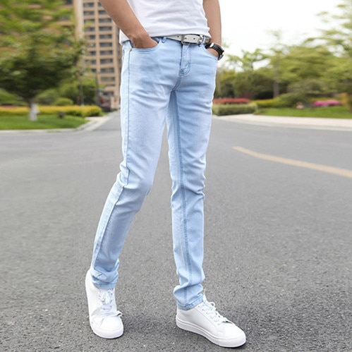 Size 27 38 Men Light Blue Jeans Casual Fashion Cotton Elastic Stretch Slim Skinny Pencil Long Denim Pants Shopee Singapore