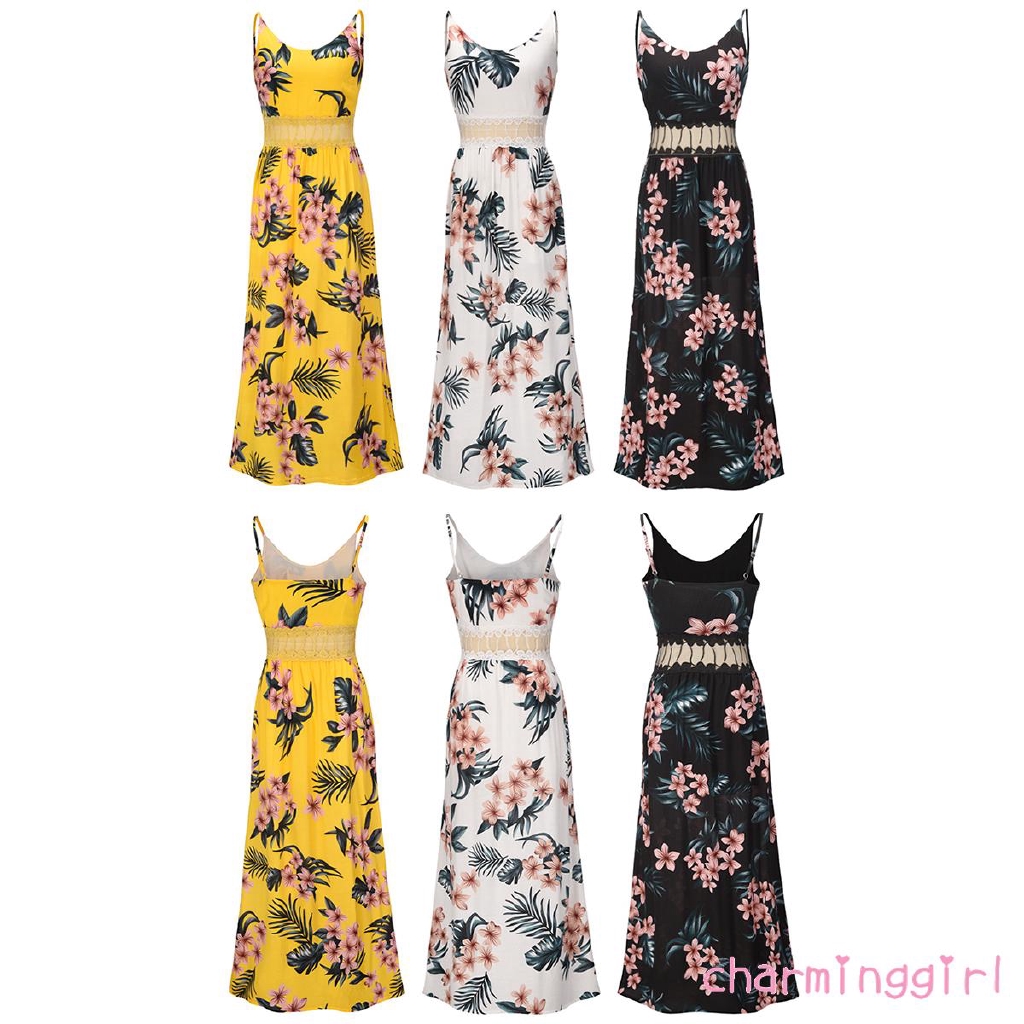Xzq Female Dress Women S V Neck Sleeveless Long Dress Floral Print One Piece For Girls Black White Yellow Shopee Singapore
