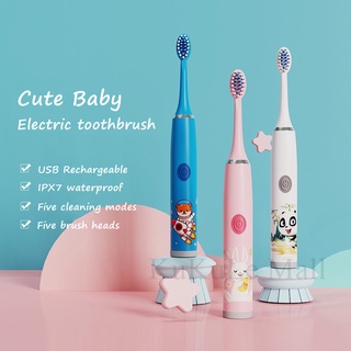 [5 brush head + Rechargeable] Five Mode Kids Electric Toothbrush Children's Automatic Toothbrush 360° Sonic Cleaning Small Soft Brush Head IPX7 Waterproof