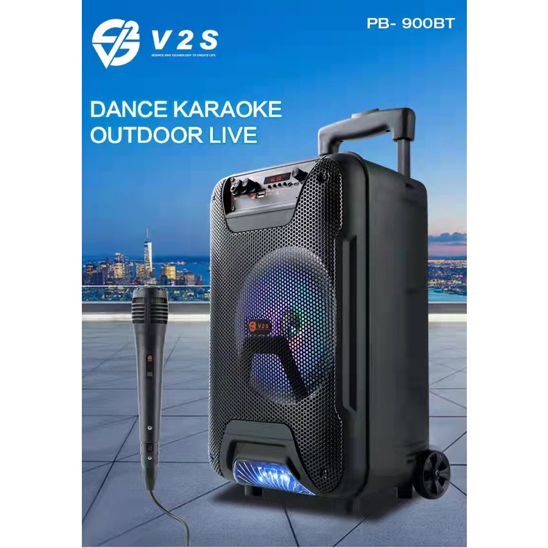 V2S PB900TWS 8.8Inch Rechargeable Bluetooth Wireless Trolley Type Portable Speaker FM AUXSD CARD USB