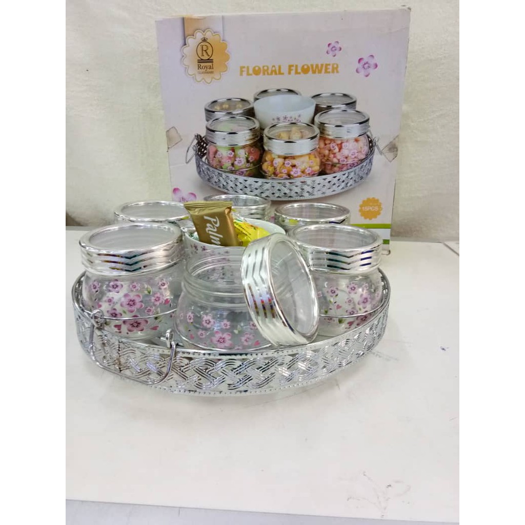 🔥Hot!🔥14pcs SAKURA ROTATING SILVER JAR CANISTER SET / BALANG KUIH /  Security Used