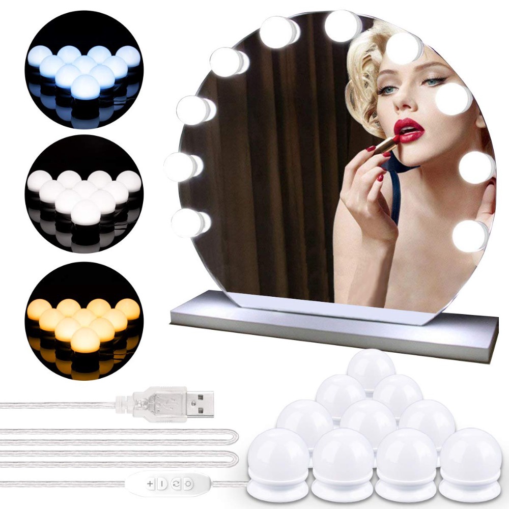 12PCS LED Bulb Mirror Light 3 Color Dimming USB Makeup Mirror Light