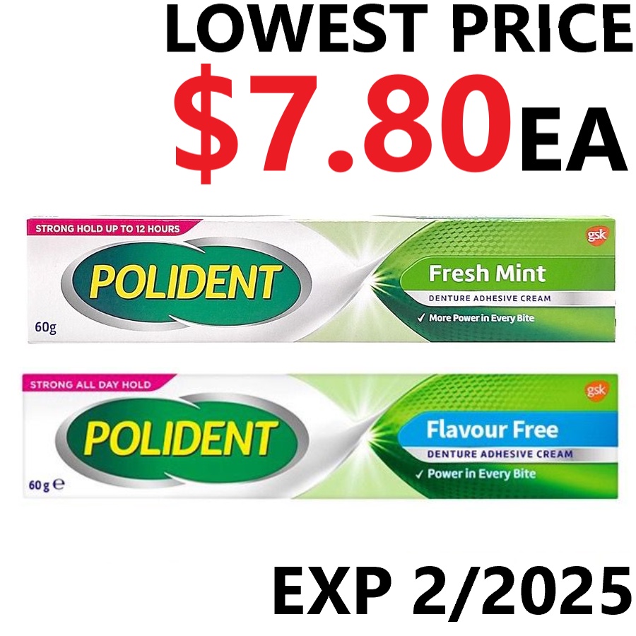 Polident Denture Adhesive Cream Fresh Mint / Flavour Free 60g ,Polident