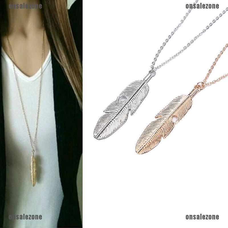 Vintage Women Long Chain Necklace Feather Pendant Sweater Chain Jewelry