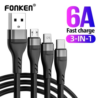 Fonken 6A Fast Charging Cable 3 in 1 Charger Wire Support Data Transfer For Huawei Xiaomi Phone 66W USB Cable