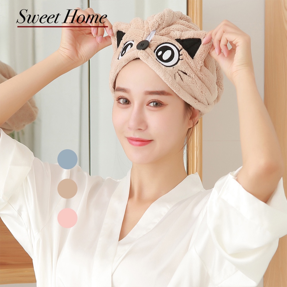 Thickened Lovely Cat Hair Drying Cap Bath Shower Towel Wrap with Cat Ear  Coral Fleece Quick Dry Hair Hat for Women Girls | Shopee Singapore