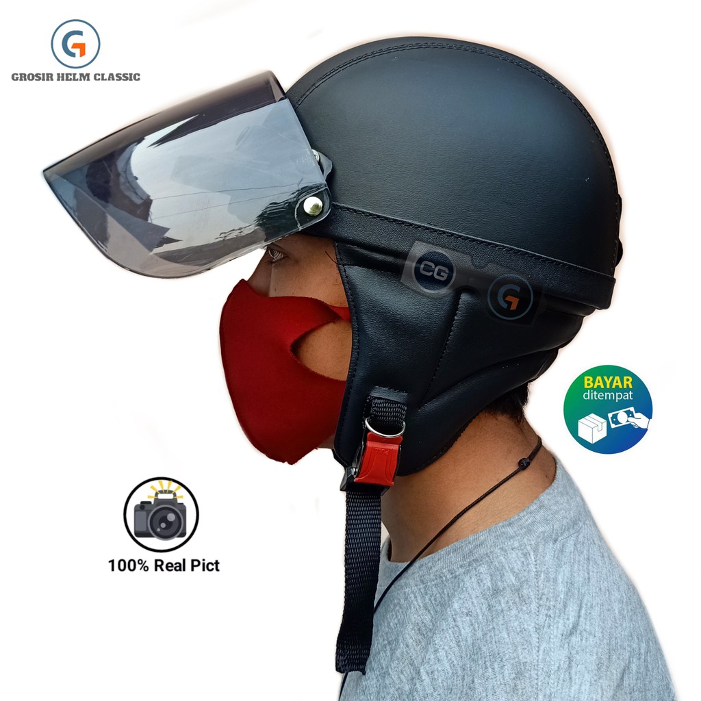 Retro Helmet chips Black Leather Combination FLAT Glass Or FLAT