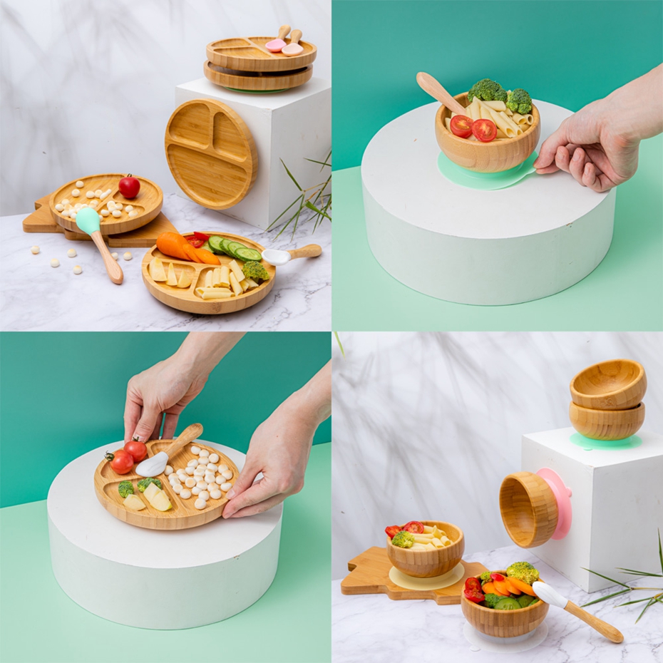 Baby Tableware Five Colors Bamboo Bowl Spoon Plate with Suction Cup Strong Adsorption Force Safe and Healthy Baby Tableware