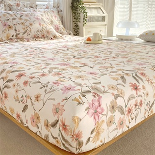 【New Arrival】100%Cotton Bed Sheet Flower Printed INS Style Cotton Cadar Single/Queen/King Fitted Sheet
