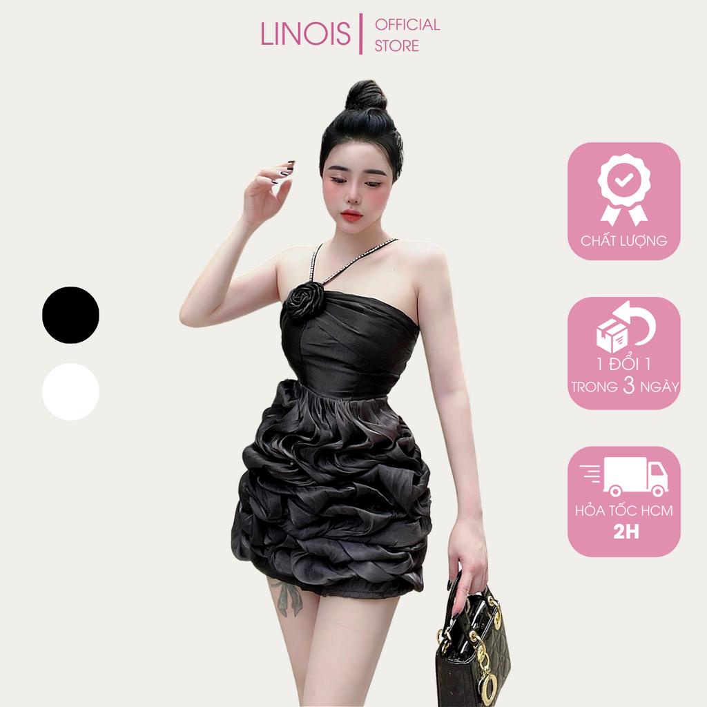 [TO24] Đầm Body Dự Tiệc Cổ Yếm Kết Đá Ngực Hoa Xoắn Bèo Chân Váy Lạ Mắt - Vải Tơ + Lớp Lót - 2 Màu Đen, Trắng LINOIS