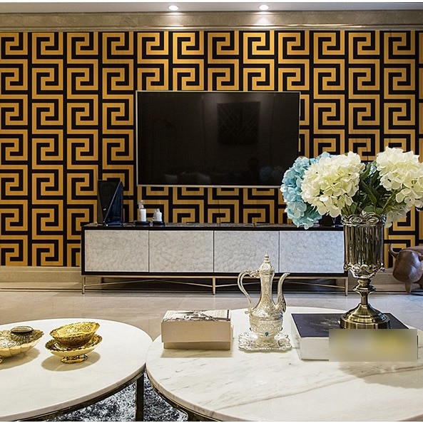 10m Wallpaper Black And Gold Geometric Wallpaper Rolls Black White Luxury Large Greek Key Home Decor Wallpaper For Living Room Home Decor Shopee Singapore