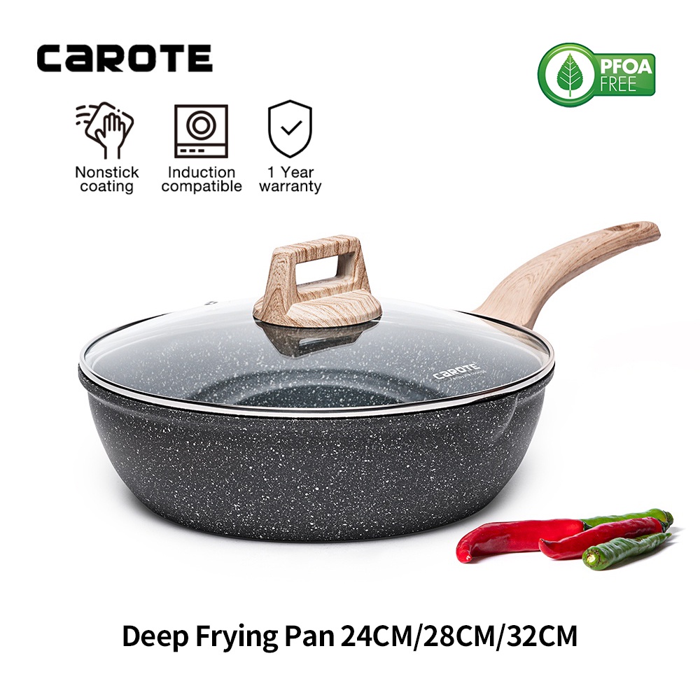 Carote Non-Stick Deep Frying Pan 24cm for Induction Hobs Compatible Tough Granite Coating Aluminium Statue Pan Wok Cookware 