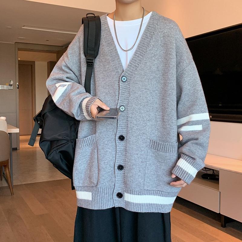 Korean Version Street Wear Cardigan Sweater Men's Spring Autumn V-Neck Hong  Kong Style ins Loose Trendy Outerwear SP | Shopee Singapore