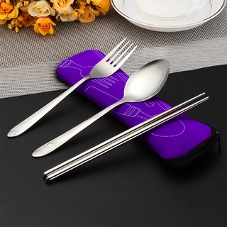 Picnic tableware camping travel set spoon chopsticks stainless steel fork portable bag tableware set stainless steel three-piece fork spoon