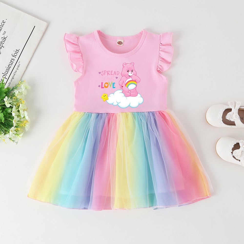 Care Bear Cartoon Print Little Baby Girl Dress Party Princess Casual Care Bears Birthday Kids Clothes