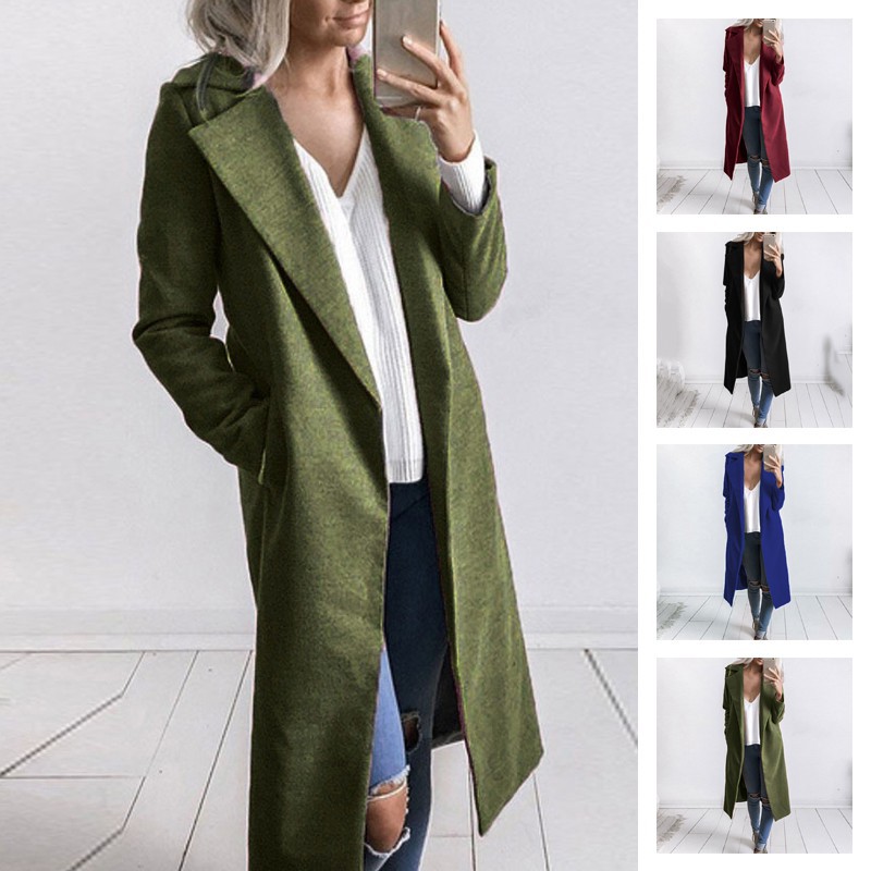 Women Outwear Overcoat Winter Warm Wool Lapel Trench Parka Coat Jacket Long Slim