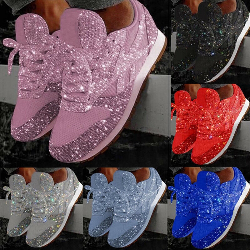 Women Sequin Glitter Rhinestone Lace Up Fashion Shoes Comfort Athletic  Sneakers | Shopee Singapore