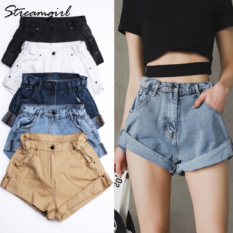 Streamgirl Denim Shorts Women S White Women Short Jeans Khaki Wide Leg Elastic Waist Vintage High Waist Shorts Women Summer Shopee Singapore