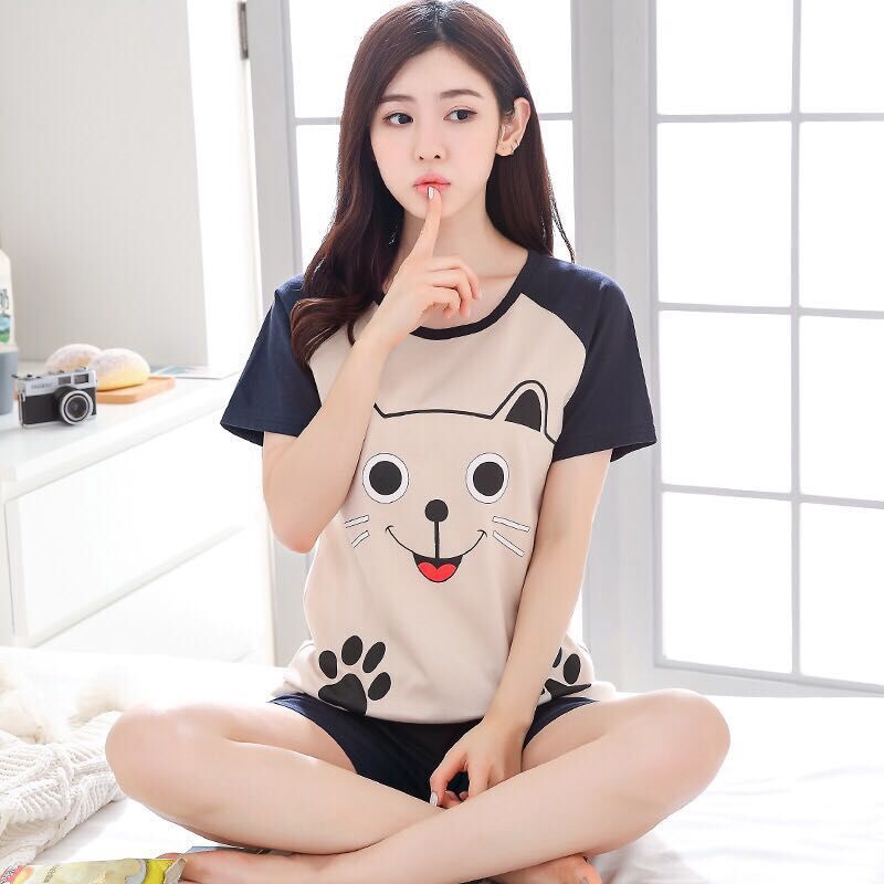 Image of Women Short-sleeved Sleepwear Summer Nightwear Casual Korean Round Neck Cartoon Love Bear Pajamas Set #6