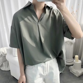 Plain Color Half Sleeved Shirt M 2xl Open Collar Five Point Sleeve Korean Style Men S Pullover Drop Shoulder Men Black Thin Casual Room About S Shopee Singapore