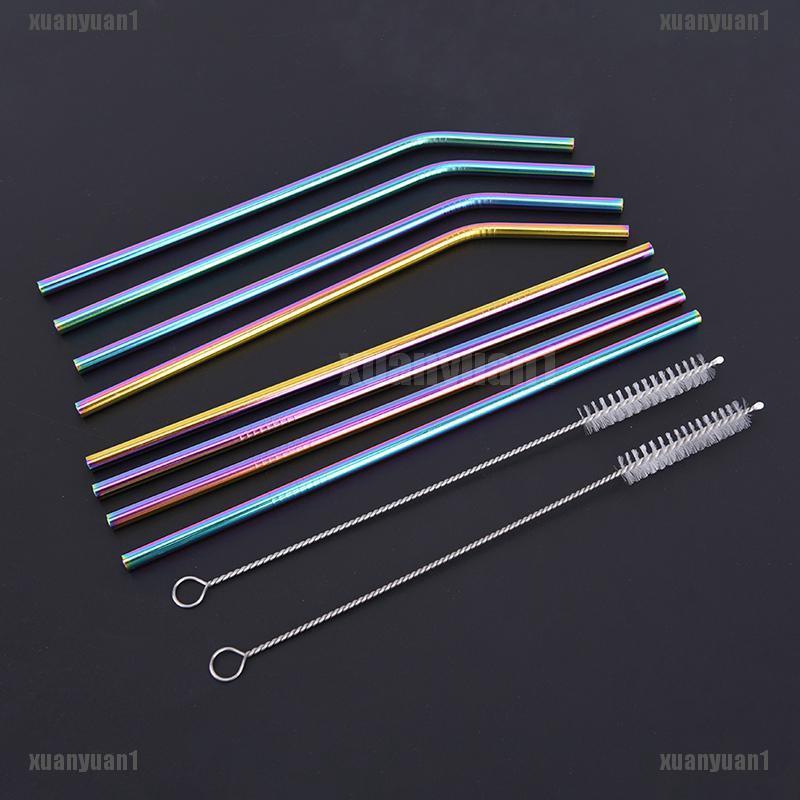 8X Rainbow Color Stainless Steel Drinking Straws Reusable Filter With 2 Brush!