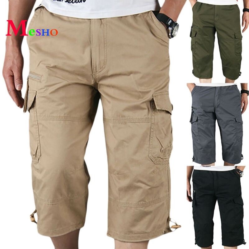 Men Cargo 3/4 Long Length Shorts Elasticated Waist Summer Pocket Plain ...