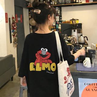 Image of 【40-150kg/4Colors/Plus Size】Sesame Street Elmo Oversized Women Plus Size T-shirt Large Round Neck Short Sleeves Big Size Cartoon Printed Tee Maternity Pregnancy Casual Tops