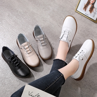 Image of WOVO Women Leather Oxford Shoes Korean White Women Flats Ladies Casual Shoes Women Shoes