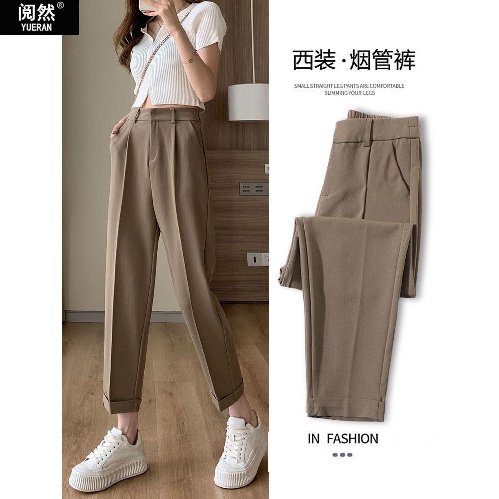 Women's Suit Cropped Pants Straight Loose High Waist Drape Elastic