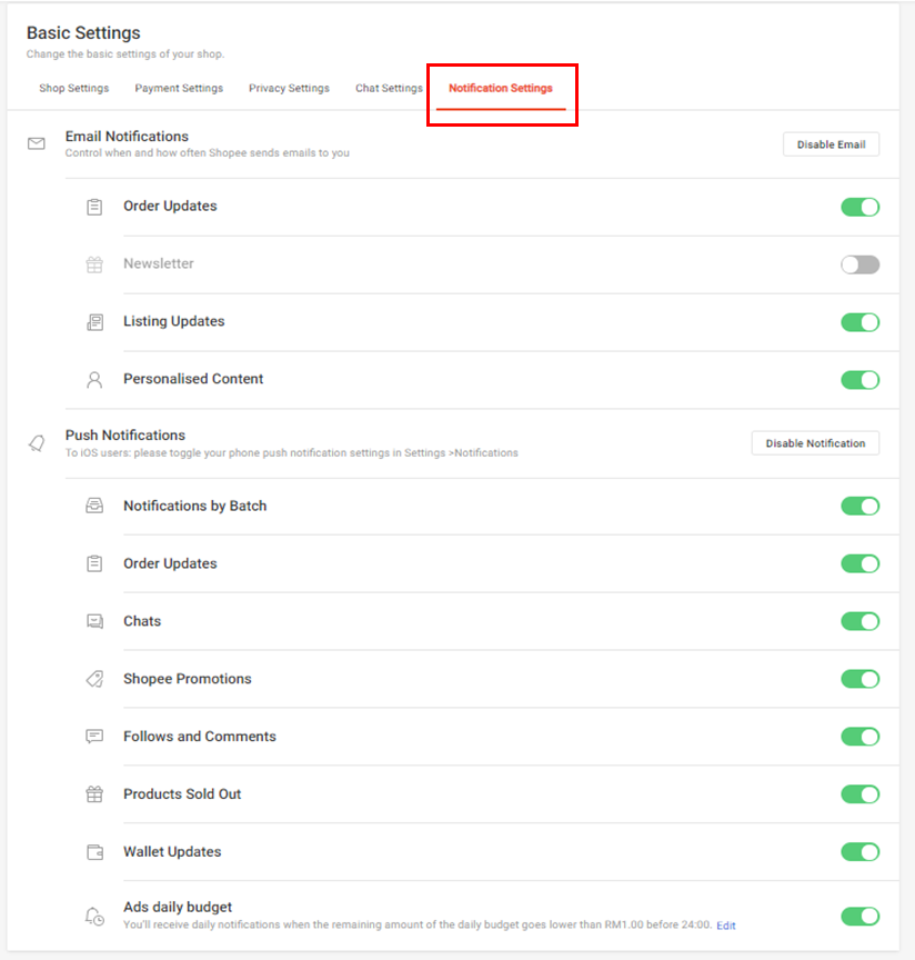 [My Account] How do I manage my notifications? Shopee MY Seller